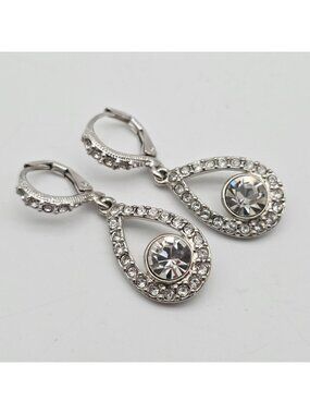 Givenchy Crystal Teardrop Dangle Earrings Silver-Tone Leverback Vintage Jewelry